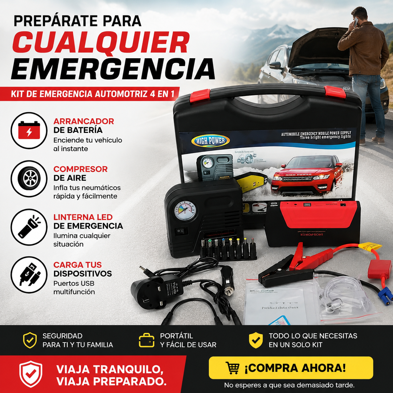 KIT DE EMERGENCIA  HIGH POWER: Arrancador + compresor + power bank
